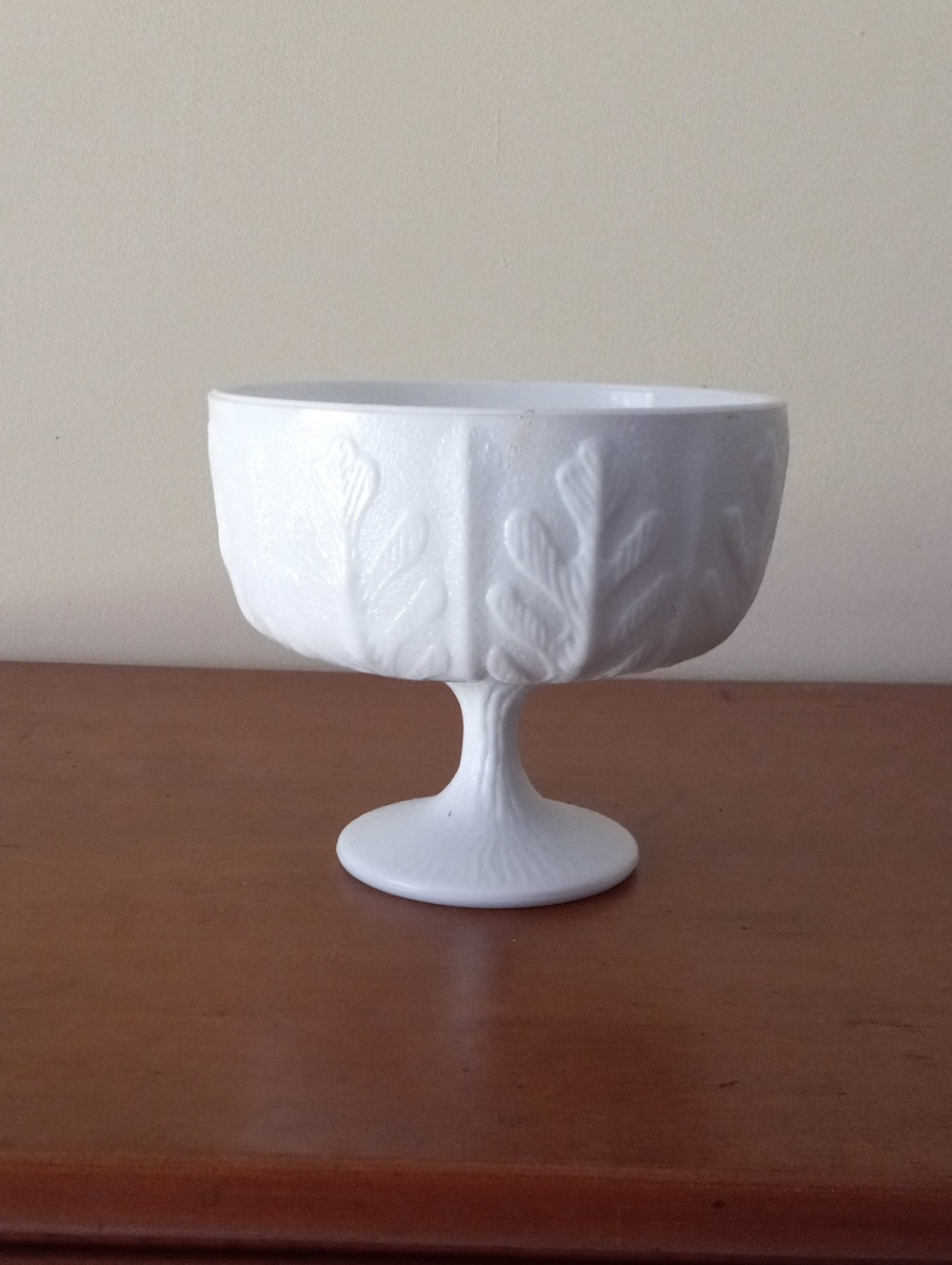 F.T.D. White Milk Glass Pedestal Compote Bowl with Oak Leaf Relief